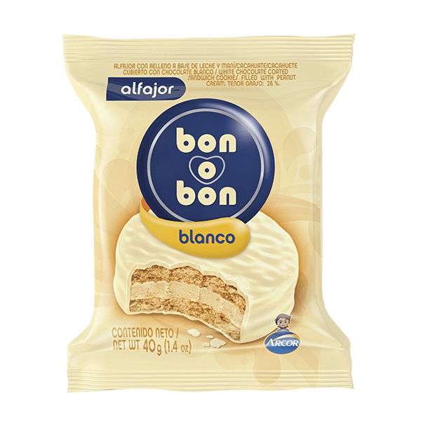 Alfajor de Chocolate Blanco  / White Chocolate Alfajor - Bon o Bon (40 gr - 1.41 Oz) San Telmo Market, Argentine Grocery & Restaurant, We Ship All Over USA and CANADA