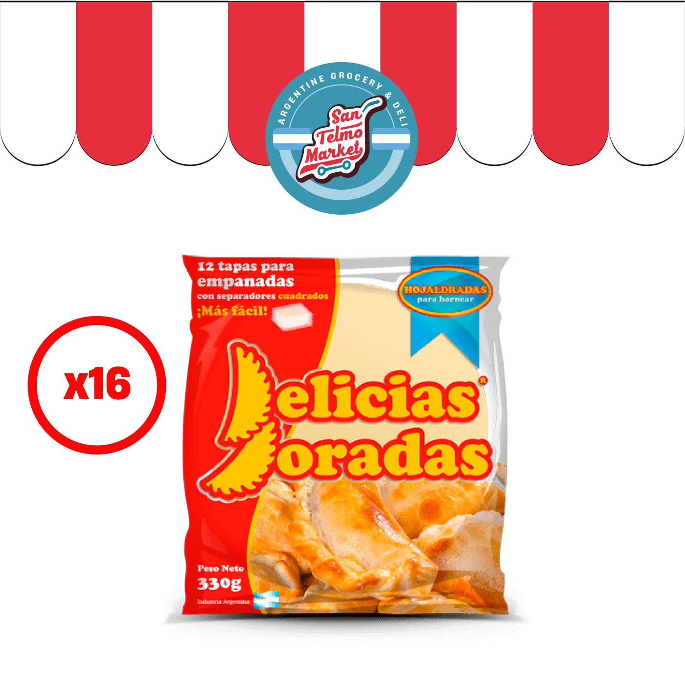 Tapas para Empanadas / Empanadas Shells HOJALDRE&nbsp; - DELICIAS DORADAS- (12 U 30gr - 0.95 Oz ) DEAL X 16. SAN TELMO MARKET, tu Mercado Argentino, como en casa donde vayas! Atención Minorista y Mayorista. Envíos a todo el Mundo.