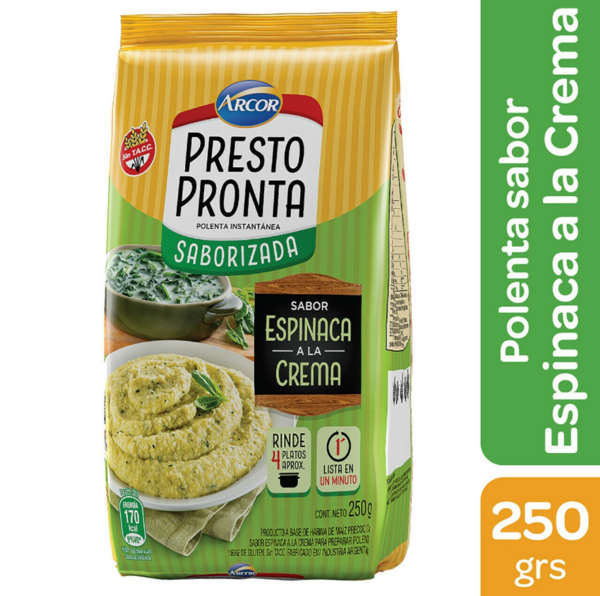 Polenta Presto Pronta Espinaca - Polenta Pre mix Corn Flour Spinach Flavor - (250 Gr - 8.81Oz) San Telmo Market, Argentine Grocery & Restaurant, We Ship All Over USA and CANADA