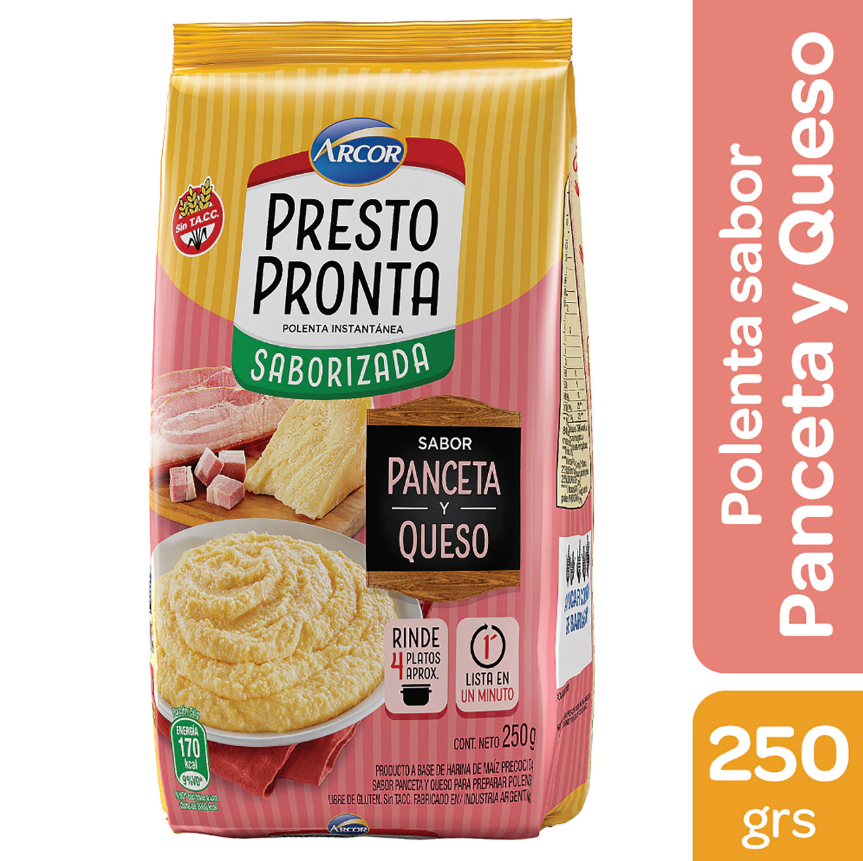 Polenta  Panceta - Polenta Pre mix Corn Flour Bacon Flavor PRESTO PRONTO - (250 Gr - 8.81Oz) San Telmo Market, Argentine Grocery & Restaurant, We Ship All Over USA and CANADA