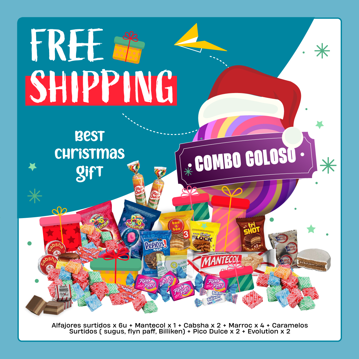 Combo Goloso + FREE SHIPPING (Sugus , Billiken, Evolution, Pico Dulce, Flynn Paff, Marroc, Cabsha, Mantecol y Alfajores Surtidos)