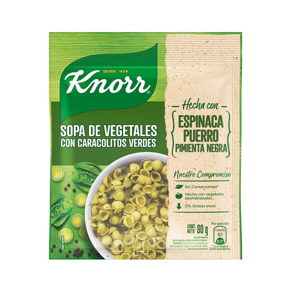 Sopa de Vegetales con Caracolitos Verdes / Vegetables Soup with Noodles KNORR - ( 80 gr 2.82Oz)