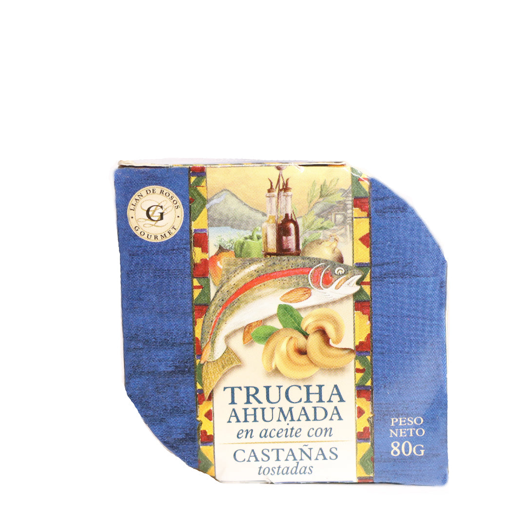 Trucha Ahumada en Aceite con Castañas Tostadas / Smoked Trout with Chesnuts Granja Patagonica - ( 80 gr 2.82Oz) San Telmo Market, Argentine Grocery & Restaurant, We Ship All Over USA and CANADA